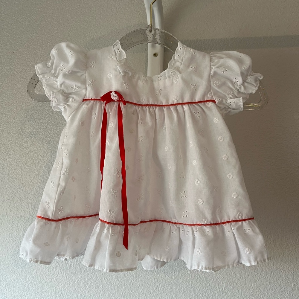Vintage White Eyelet Baby Dress with Red Ribbon